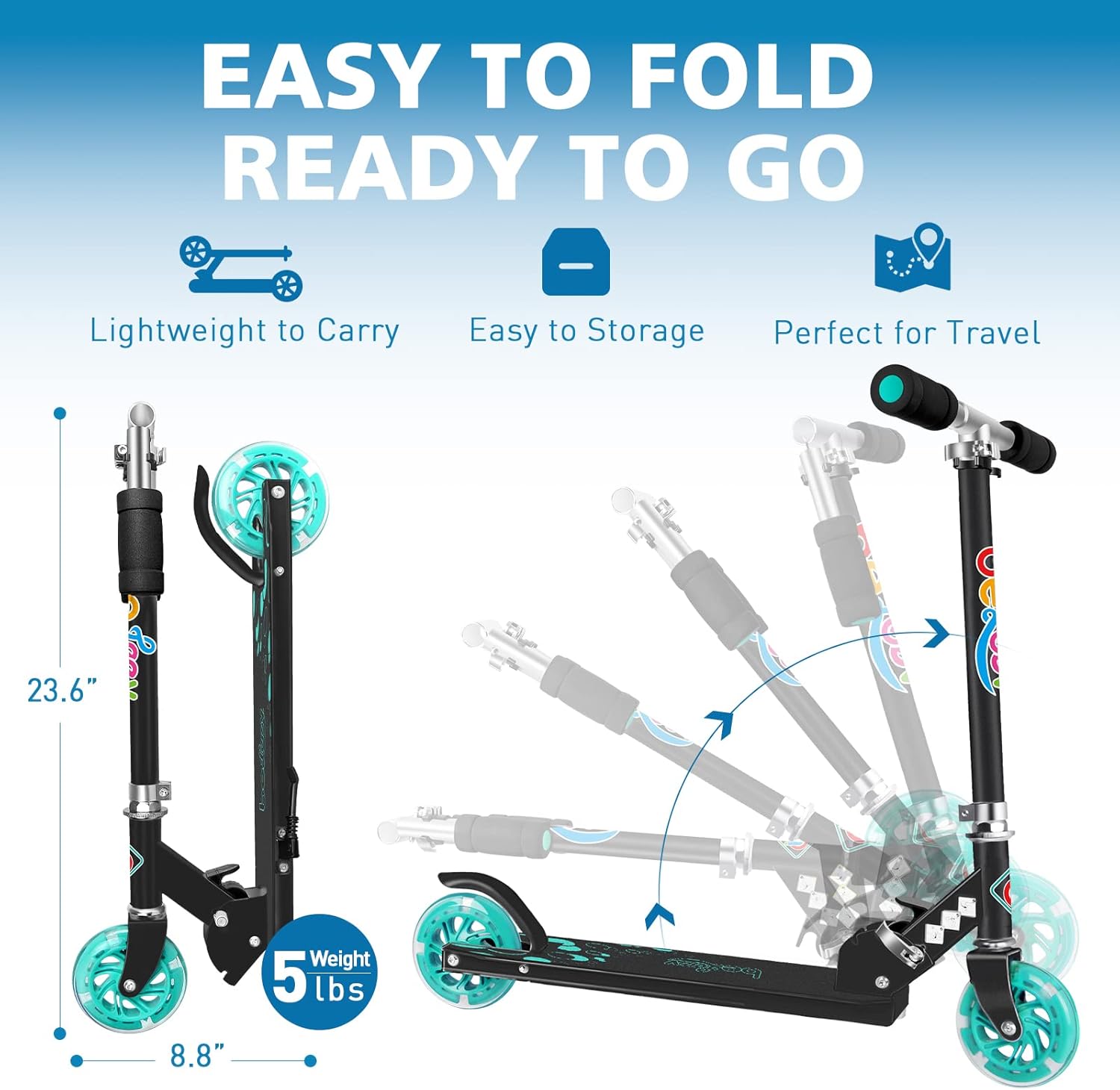 BELEEV V1 Kids Scooter - 2-Wheel Folding Kick Scooter with Light Up Wheels | Adjustable Height for Ages 3-12