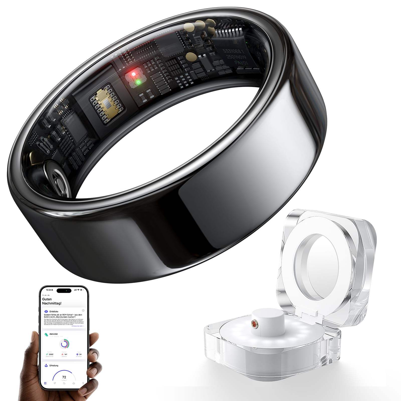 HOU AI Smart Ring for Men & Women, No Subscription Health Tracker Ring & Sleep Tracker Ring, AI Recovery, Heart Rate, SpO2, 5ATM Waterproof Ceramic Black w/Charging Case, Size 10