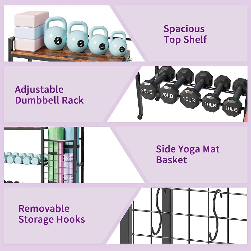 35" Adjustable Dumbbell Rack with Wheels – 4-Tier Home Gym Stand for Dumbbells, Kettlebells & Yoga Mats