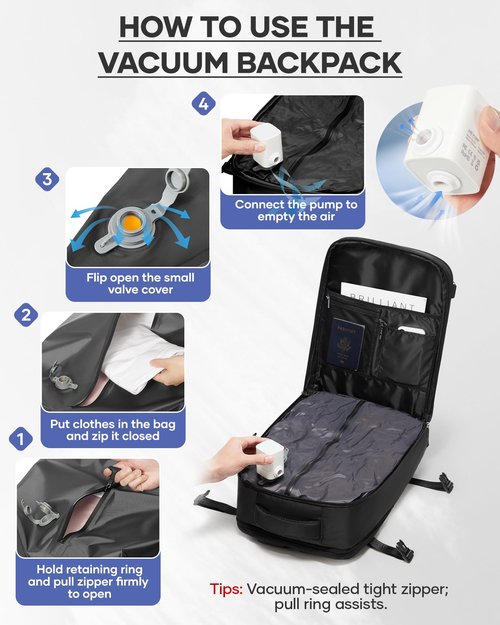 wepadre Vacuum Backpack Travel with Pump Travel Backpack with Vacuum System Easy Vac Pack Backpacks Vacpack Compression Backpacks Mochila de Viaje Compresion al Vacio Black