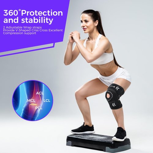 Adjustable Knee Support Brace for Women Men, Adjustable Compression Knee Patellar Pad Tendon Support Sleeve Brace - Arthritis Pain, Injury Recovery, Running, Workout, Neoprene Knee Brace with Stabilizers and Open Patella, Black