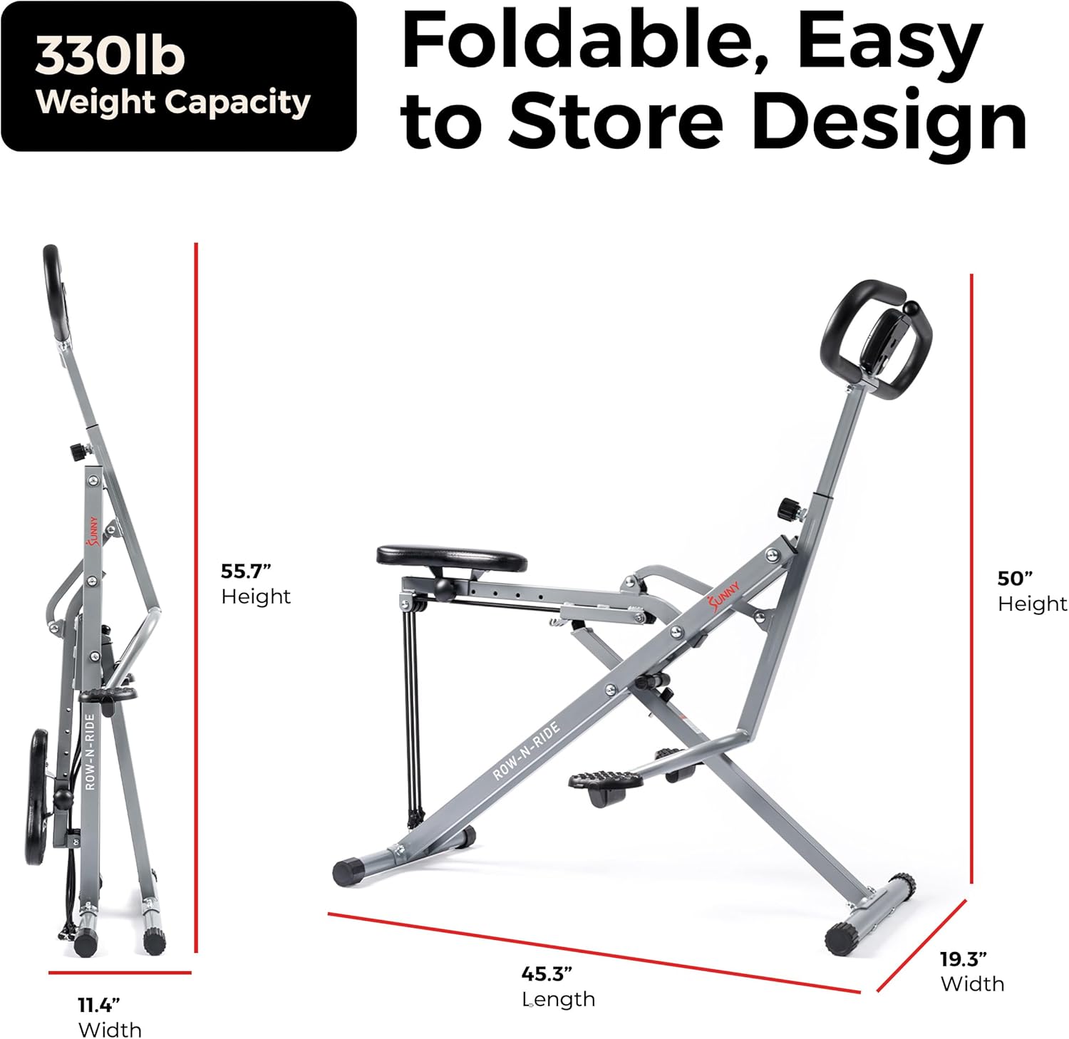 Sunny Health & Fitness Smart Row-N-Ride | Foldable Glute & Leg Trainer with SunnyFit App Connection