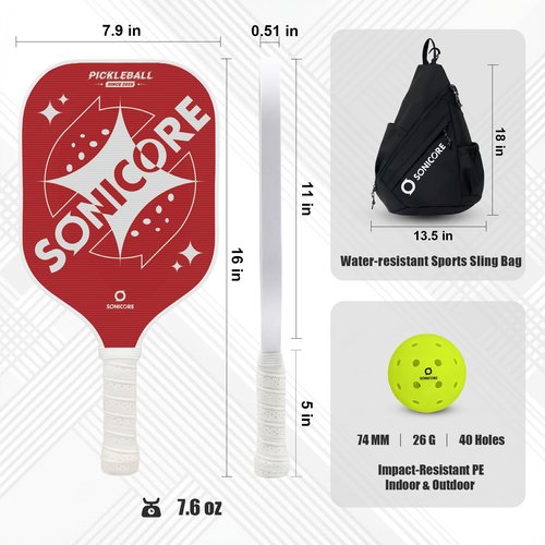 Fiberglass Pickleball Paddle Set -2 Pack, Beginner Kit, 4 Outdoor Balls & Sports Bag for Men & Women | Retro Red | Sonicore
