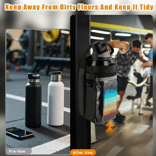 Magnetic Gym Bag for Men Women - 5lb Force Water Bottle Pouch + Clear Touchscreen Phone Pocket (Use Phone Instantly) | Workout & Travel Must-Have (Black)