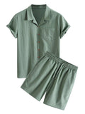ZAFUL Men Short Sleeve Sets Button Up Pockets Notched Collar Shirt and Drawstring Shorts Set Camouflage Green L