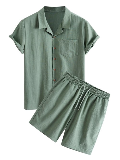 ZAFUL Men Short Sleeve Sets Button Up Pockets Notched Collar Shirt and Drawstring Shorts Set Camouflage Green L