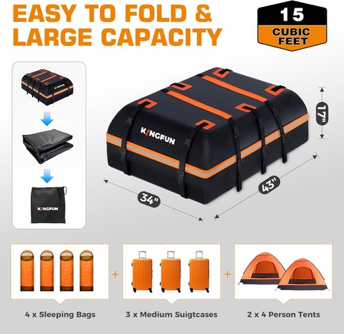 Kingfun Rooftop Cargo Carrier Bag - Waterproof 15 Cubic Feet Luggage Carrier for All Vehicles | Anti-Slip Mat & 8 Straps Included