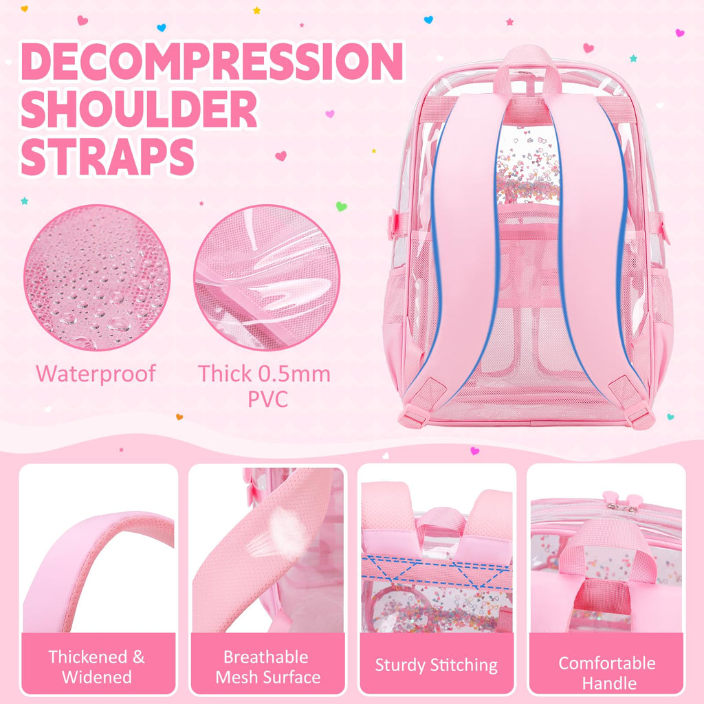 ASKSKY Clear Backpack for Girls School Clear Bookbag Stadium Events Heavy Duty Transparent Back Pack, Pink
