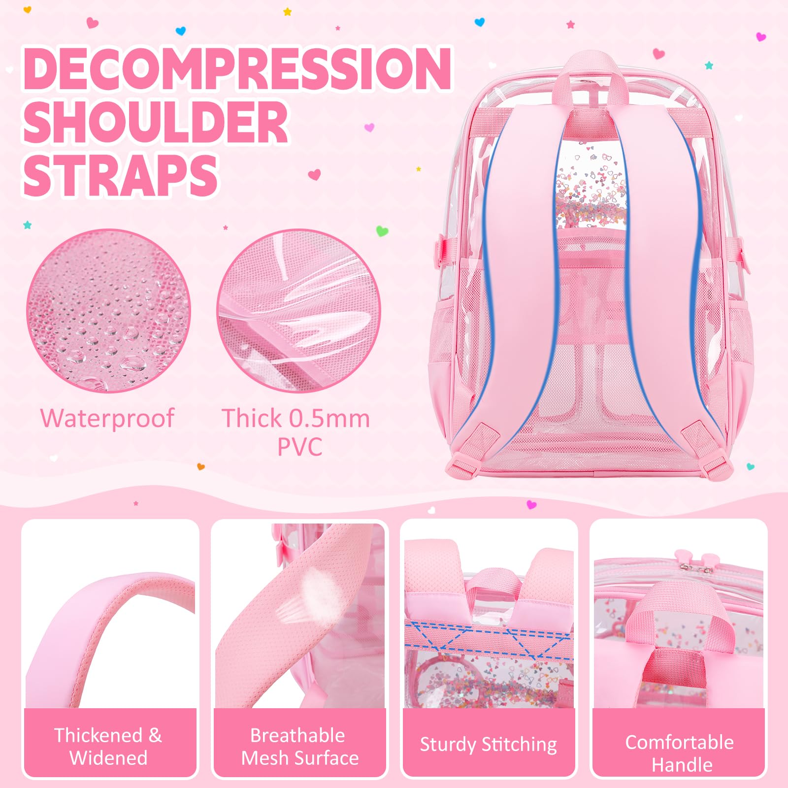 ASKSKY Clear Backpack for Girls School Clear Bookbag Stadium Events Heavy Duty Transparent Back Pack, Pink