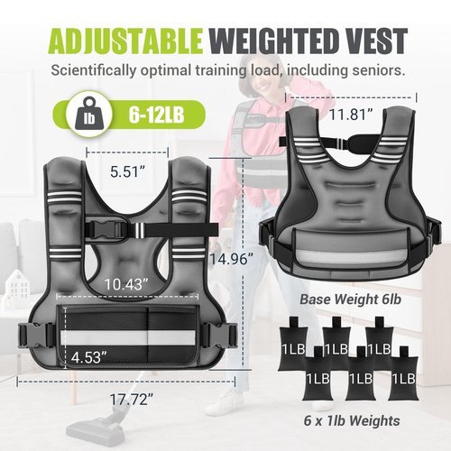 Adjustable Weighted Vest for Women, 6-12lb U-Shaped Weight Vest with 6 Iron Sand Bags, Rucking Vest with Extended Shoulder Pads & Plus Pockets for Running, Walking and Strength Training