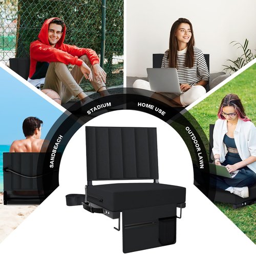 Aliphon Stadium Seat - Padded Bleacher Chair with Back Support & Cup Holder | Portable Black (1pc)