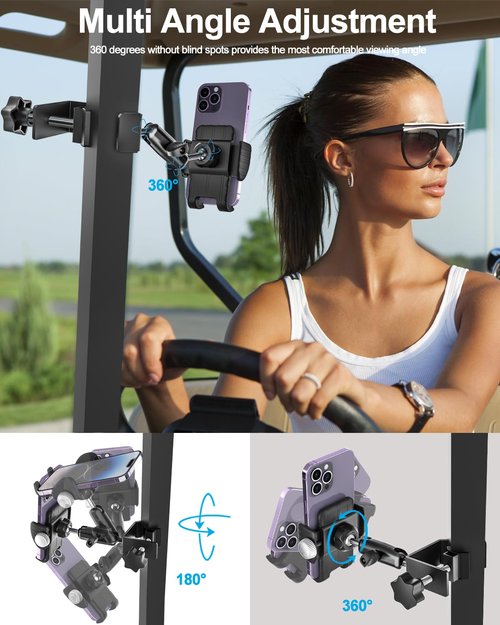 woleyi Golf Cart Phone Holder Clip- [Wider Clamp & Metal Arm] 360° Adjustable Phone Mount for EZGO/Club Car/Yamaha, Compatible with iPhone Air 17 Pro Max 16 15 14 13 12 Plus, S25, 4.7 to 7" Smartphone