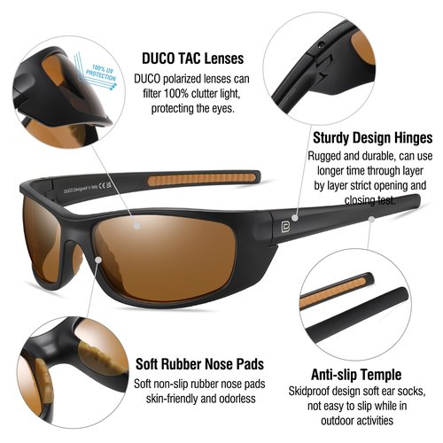 DUCO Polarized Sports Sunglasses for Men and Women UV400 Protection Sun Glasses for Cycling Fishing Running and Driving (Matte Black Frame Brown Lens)