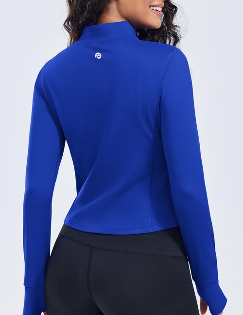 PINSPARK Cropped Workout Jacket for Women Light Weight Long Sleeve Yoga Track Jackets Full Zip Golf Sports Jacket with Pockets Royal Blue S