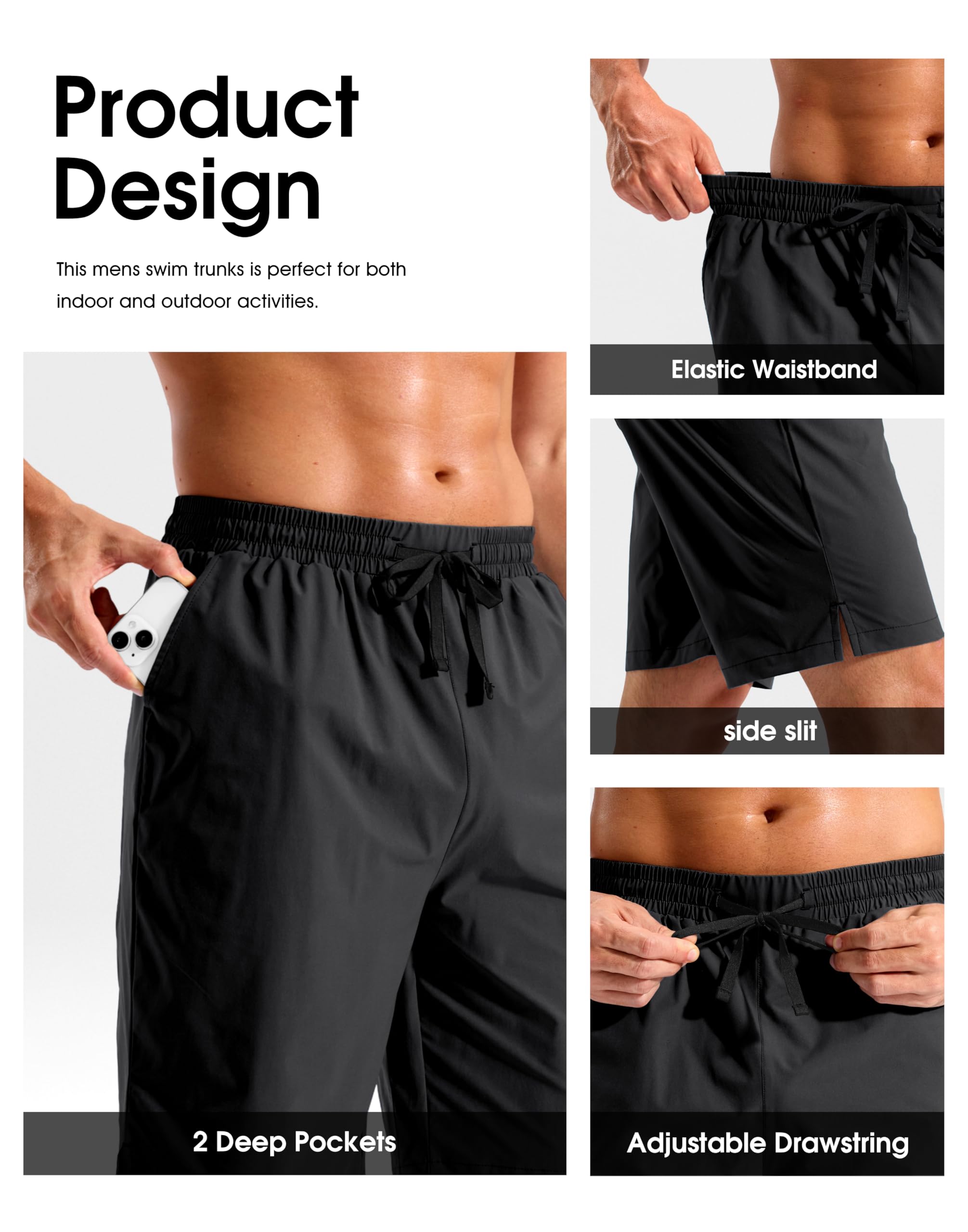 Pudolla Men's Swim Trunks 9"/11" Quick Dry Board Shorts Bathing Suits Beach Shorts for Men with Pockets - No Liner(Black 9 Inseam-XL)