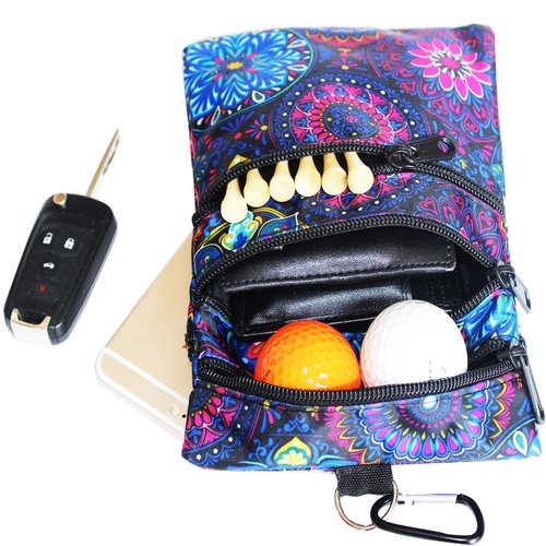 hapheal Golf valuables pouch, zipper golf ball bag with 4 pockets, golf accessories pouch for storing balls,tees,mobile phone,keys, cards and cash, great gift for golfers (2 PACK（BLACK+FLORET）)