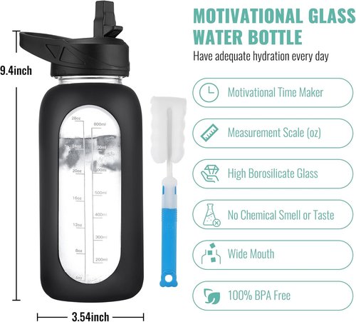 CIVAGO 32 Oz Glass Water Bottle - Motivational Sports Flask with Straw, Time Marker & Silicone Sleeve - Sage