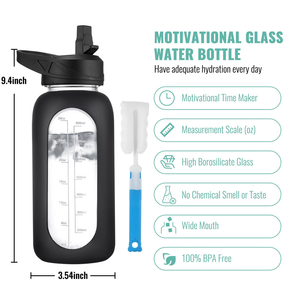 CIVAGO 32 oz Glass Water Bottle with Straw and Handle, Large Sports Motivational Water Bottle Flask with Time Marker and 2 Lids, Leakproof Water Jug Canteen with Silicone Sleeve for Gym,Mauve