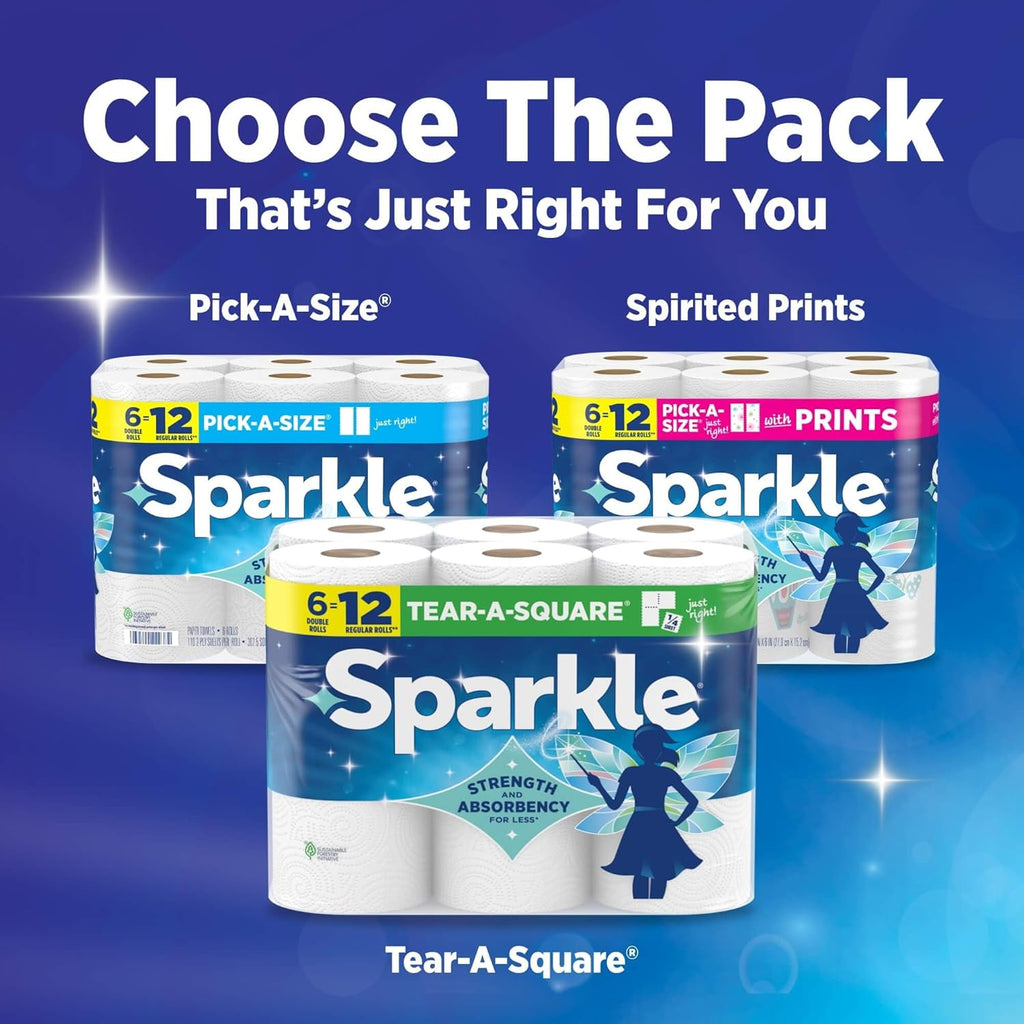 Sparkle Paper Towels - Strong 2-Ply Pick-A-Size, 6 Double Rolls (660 Sheets) for Kitchen Cleanup