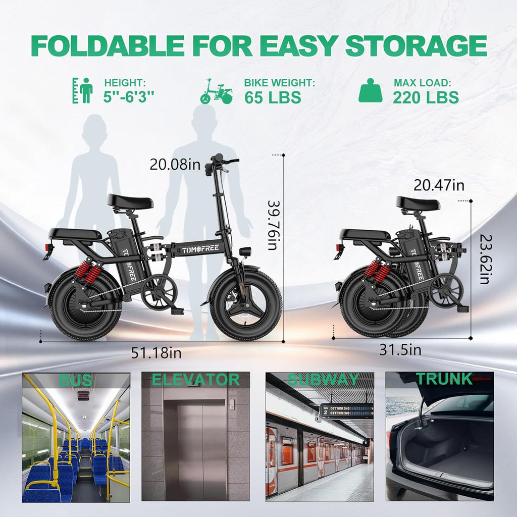 Tomofree Folding Electric Bike - 750W Peak Power, 20-24MPH, 48V 20AH Battery, 14" Fat Tires | 35-75 Miles Range