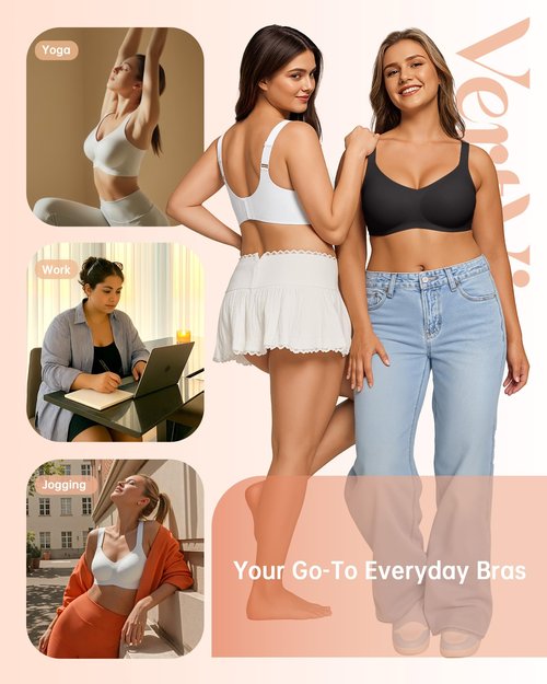 Vertvie Bras for Women No Underwire Wireless Support Bra Underarm-Smoothing Seamless Push Up Full Coverage T-Shirt Sports Bra(Black,Large Plus)