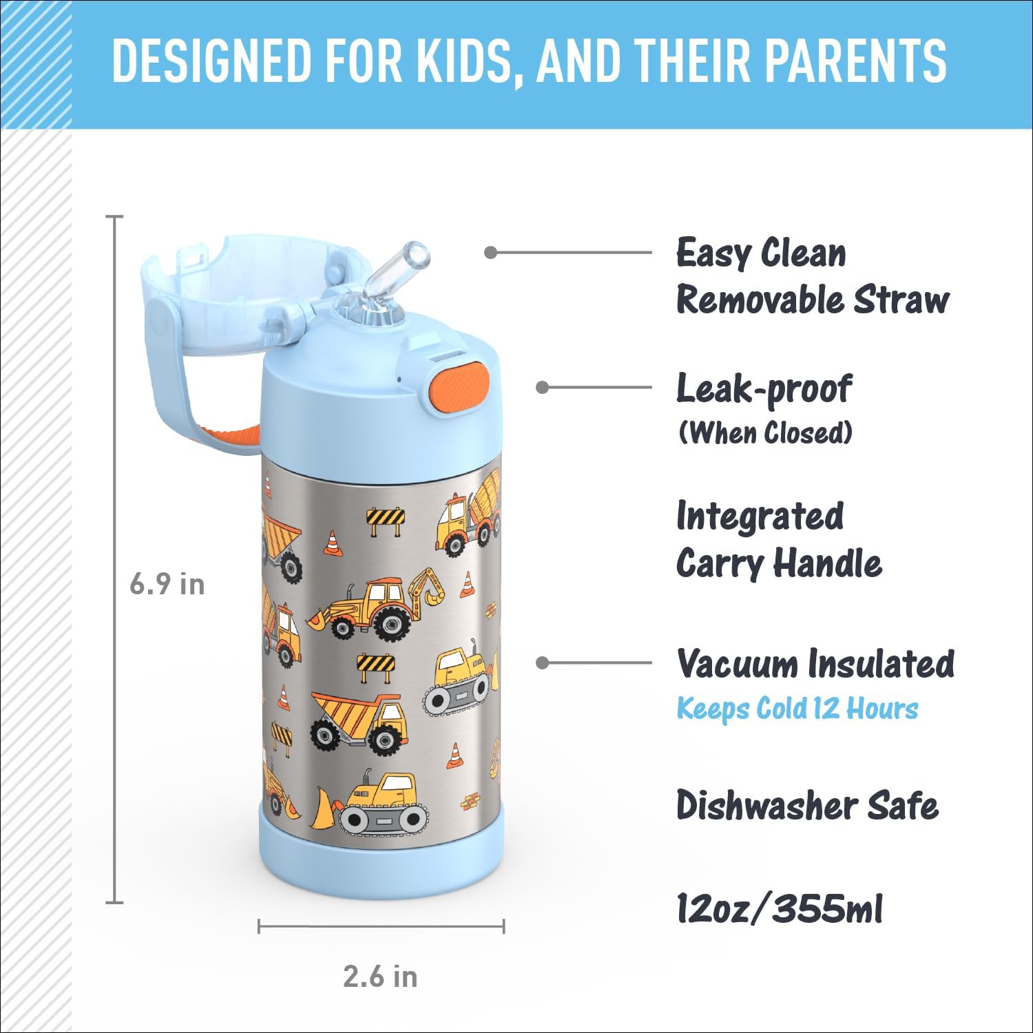 THERMOS FUNTAINER Water Bottle - 12 Ounce Stainless Steel Vacuum Insulated with Straw | Kids Construction Design