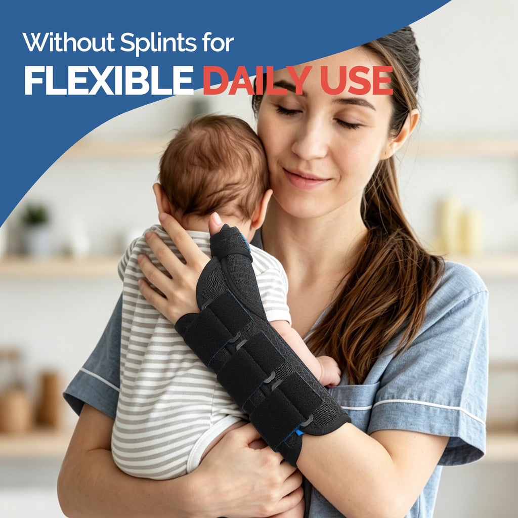 FEATOL Carpal Tunnel Wrist Brace Night Support, Thumb Spica Splint Left Hand for De Quervains Tenosynovitis, Tendonitis, Thumb Brace for Women Men, Black Blue, Large/XLarge