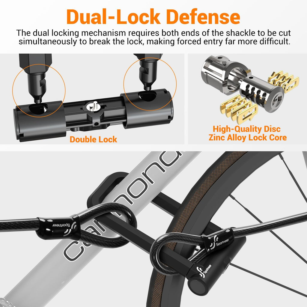 Sportneer Heavy-Duty Bicycle Lock - 18mm Anti-Theft U-Lock with 5ft Steel Cable & 3 Keys | Fits Road & Mountain Bikes, Size 8.58'' x 4.85''