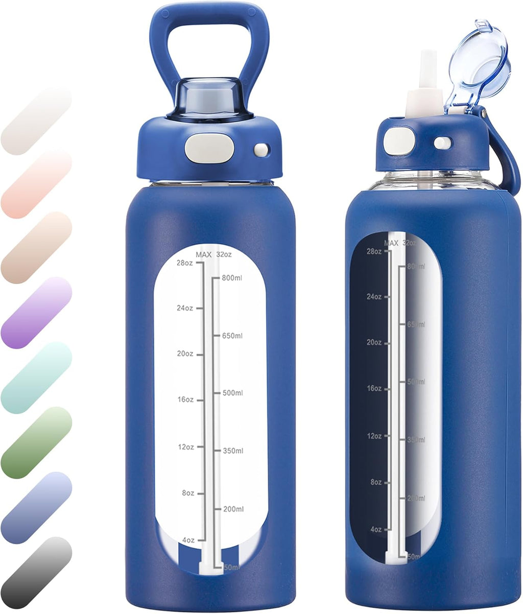 SIEROZUR 32 oz Glass Water Bottle - Durable with Straw, Handle & Silicone Sleeve | Time Marker for Gym & Travel