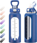 SIEROZUR 32 oz Glass Water Bottle - Durable with Straw, Handle & Silicone Sleeve | Time Marker for Gym & Travel