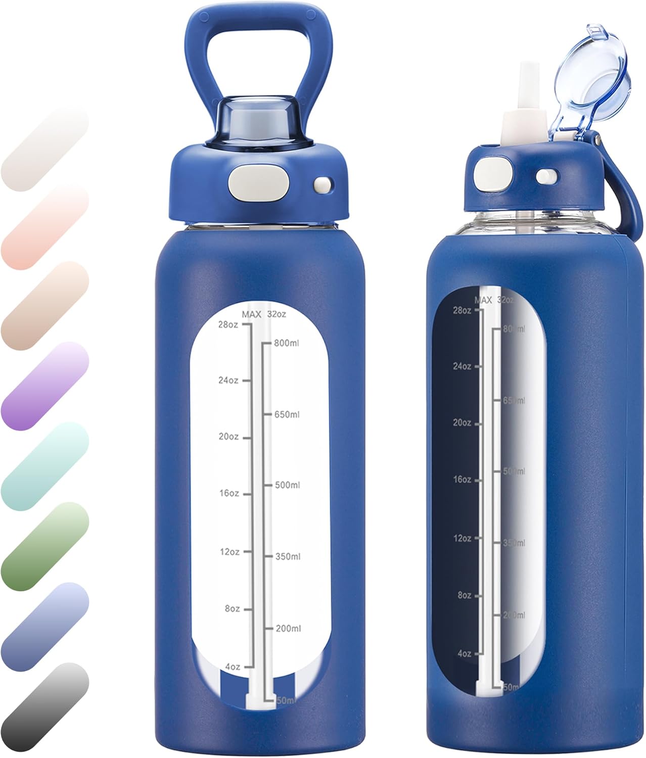 SIEROZUR 32 oz Glass Water Bottle - Durable with Straw, Handle & Silicone Sleeve | Time Marker for Gym & Travel