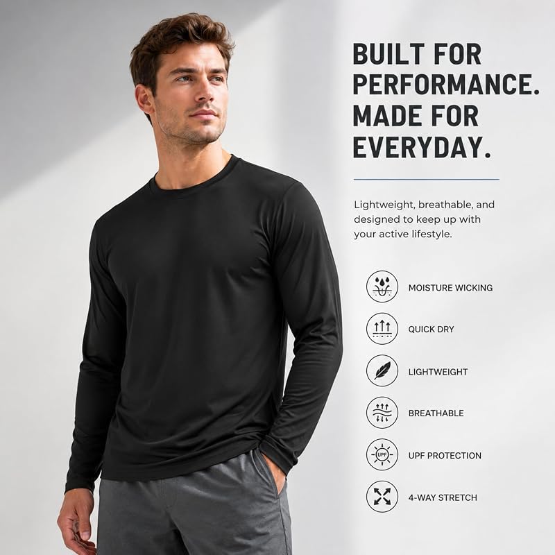 Opna 4-Pack Big & Tall Long Sleeve Moisture-Wicking UPF 50+ Shirts - Black/Gray/Navy/White, X-Large Tall
