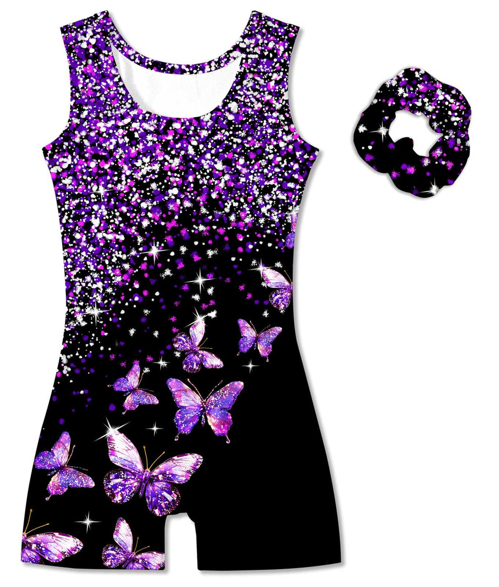 Vogseek 6-7 Years Girls Gymnastics Leotards with Hair Scrunchie Sparkle Dance Unitards Purple Butterfly's Glitter Active Biketards with Shorts for Kid Cute Tumbling Dance Outfit, Black