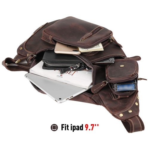 Polare Full Grain Leather Cross Body Sling Bag Chest Bag Backpack Outdoor Camping Tactical Daypack Dark Brown(updated Version)