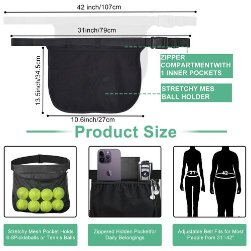 AccEncyc Tennis Ball Holder Ball Bag, Adjustable Pickleball Waist Pouch Holder, Bags Holding 8-10 Tennis or Pickleball, Waist Hip Bags for Tennis, Cycling, Golf (1 Pack)