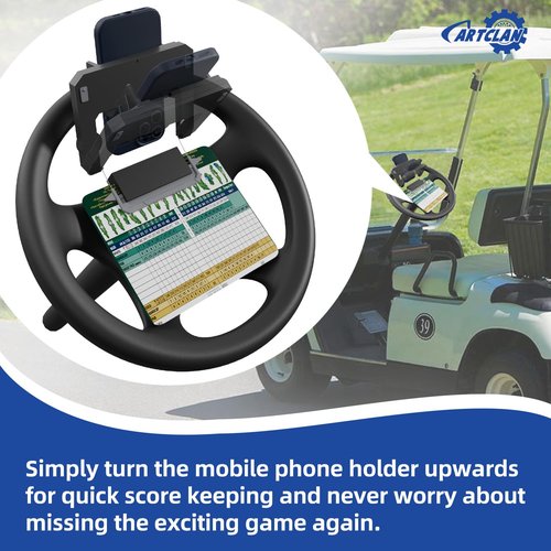 CartClan Golf Cart Steering Wheel Cell Phone Mount, Flip Up Phone Holder for Golf Cart Steering Wheel, Suitable for Club Car/EZGO/Yamaha Models, Mobile Phone Mount Wide 2"-3.5"