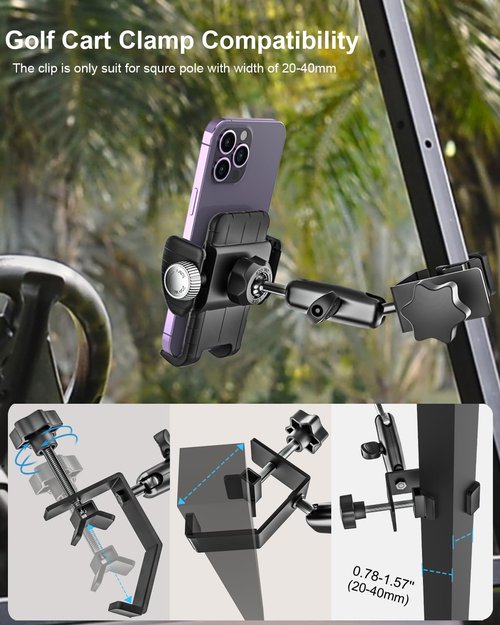 woleyi Golf Cart Phone Holder Clip- [Wider Clamp & Metal Arm] 360° Adjustable Phone Mount for EZGO/Club Car/Yamaha, Compatible with iPhone Air 17 Pro Max 16 15 14 13 12 Plus, S25, 4.7 to 7" Smartphone