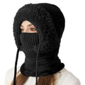 3 in 1 Beanie Hat with Scarf and Mask, Women's Outdoors Windproof Scarf Hat Winter Balaclava for Women, Warm Knitted Face Mask Hat (Black)