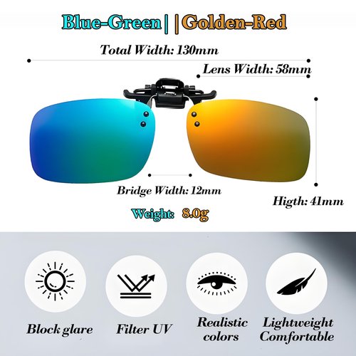 WOKCHUERY Clip-On Sunglasses, 2 Pcs with Soft Case,Polarized UV Protection Glare Reduction‌,Flip Up For Driving Travel Sport (RoyalAurora)