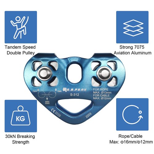 SEPEAK 30kN Tandem Speed Double Pulley, CE Certified Zip Line Trolley for Backyard Zipline, Mountaineering Climbing & Rock Rescue Lifting, Fits Cable up to 1/2 Inches/Holds Up to 6750lbs, Blue