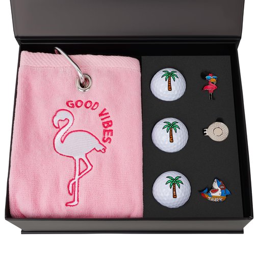 CRAFTSMAN GOLF Gift Box Flamingo Towel and Shark Golf Ball Markers with Hat Clips Palm Trees Balls