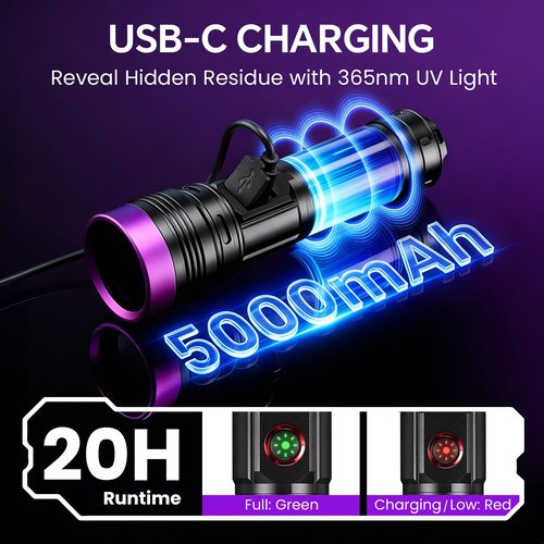 20W 365nm UV Flashlight Rechargeable,5000mAh Black Light Flashlight,Powerful Ultraviolet Blacklight,UV Lamp for Pet Urine Detection,Scorpion,Resin Curing,Yooperlite,Blood Tracking,Hotel hygiene,ACLeak