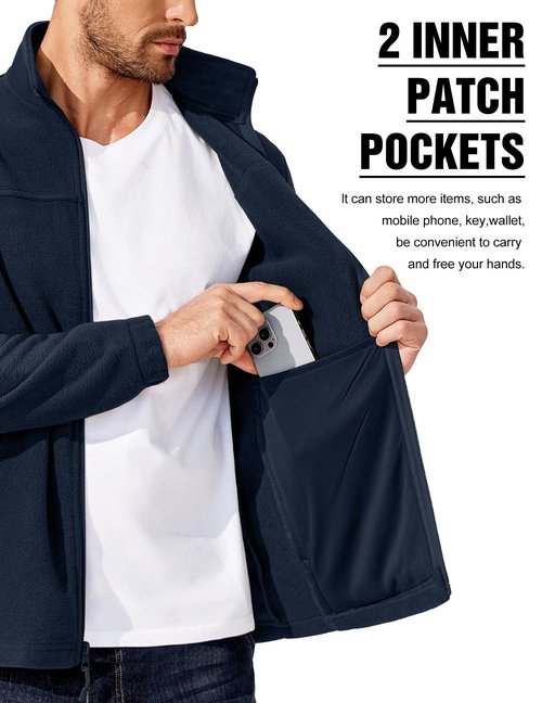 COOFANDY Classic Zip Up Fleece Jacket Men Light Warm Long Sleeve Zipper Sweater Mens Polar Navy Blue Jackets XL