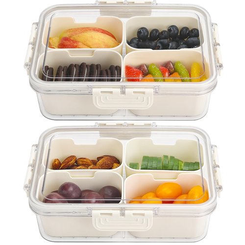 4 Compartment Snack Box Container Tray, Divided Serving Tray with Lid, Mini Small Snackle Box, Portable Charcuterie Container for Party, Picnic, Travel, Food Platter for Snack, Fruits, Veggies, 2 Pack