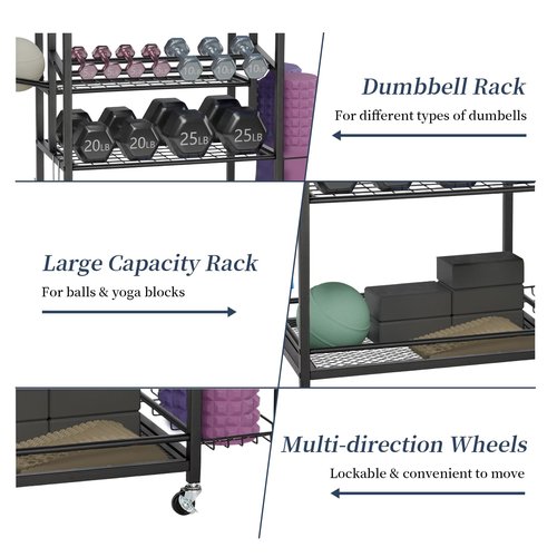 3-Tier Rolling Dumbbell Rack with Yoga Mat Basket & Hooks – Heavy Duty Steel Home Gym Storage Cart for Weights, Kettlebells, and Foam Rollers – 350Lbs Capacity Mobile Organizer with Lockable Wheels (Black)