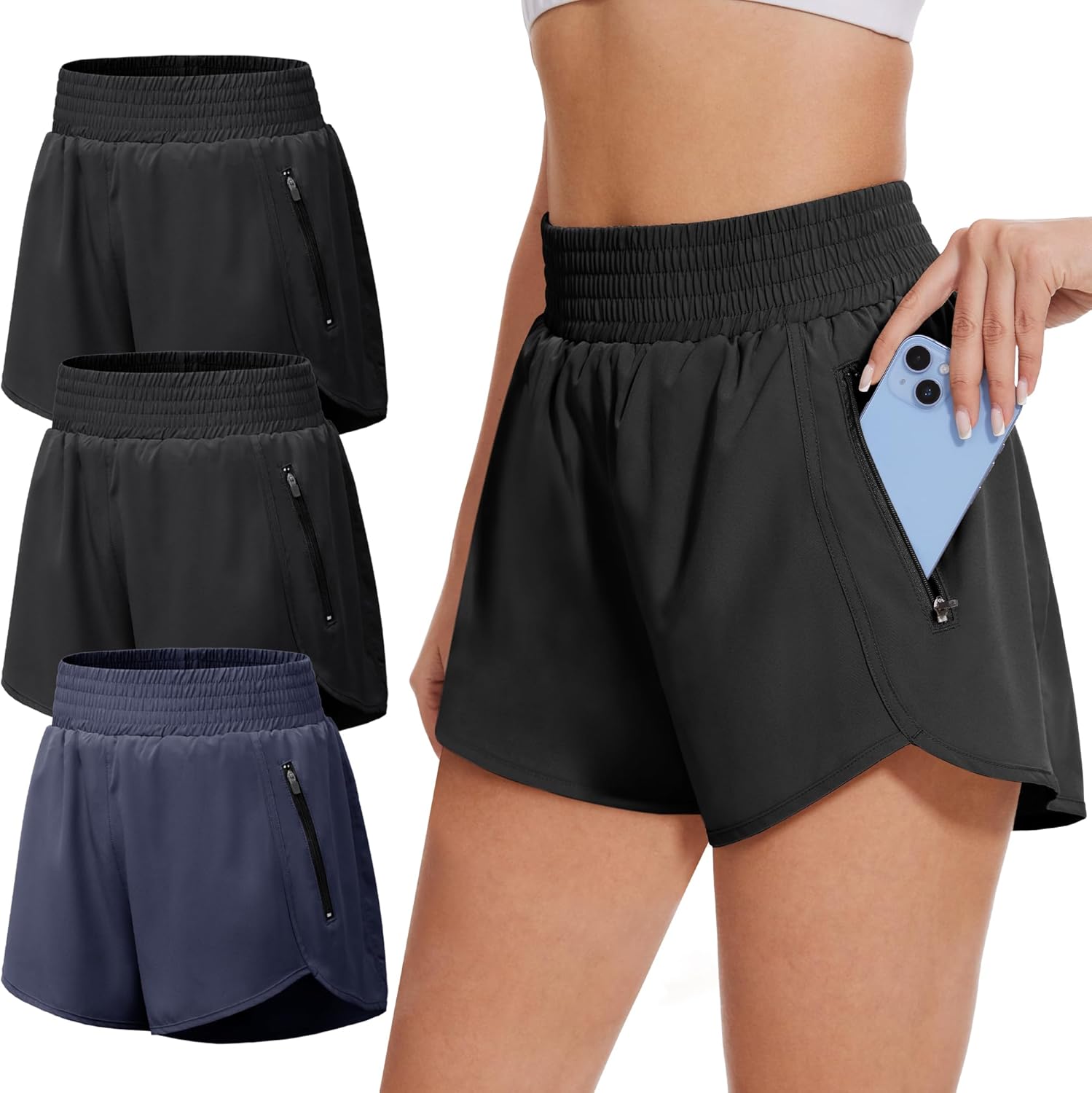 BALENNZ Women's Athletic Workout Shorts - Zipper Pockets & Elastic Waist for Gym & Running