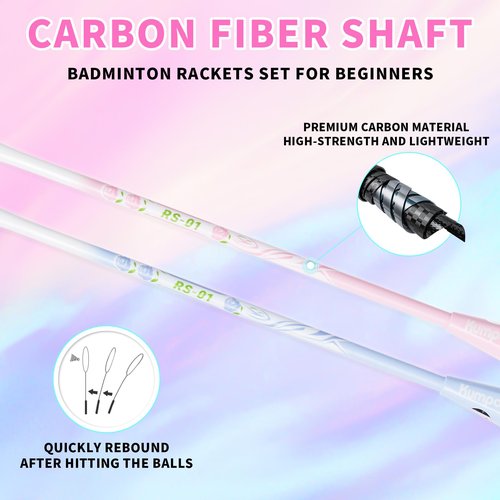 Badminton Racket Set with 2 Carbon Shaft Rackets, 3 Shuttlecocks, 2 Overgrips and 1 Racket Bag - 82g Lightweight 4U Badminton Racquets for 2 Players Outdoor Backyards Games Beginners Adults, RS-01