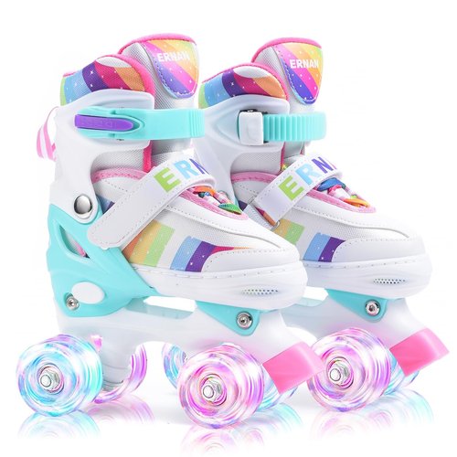 ERNAN Kids Roller Skates,Girls Roller Skates,4 Size Adjustable with Light up Wheels for for Beginner Kids Girls & Boys (Rainbow, M)