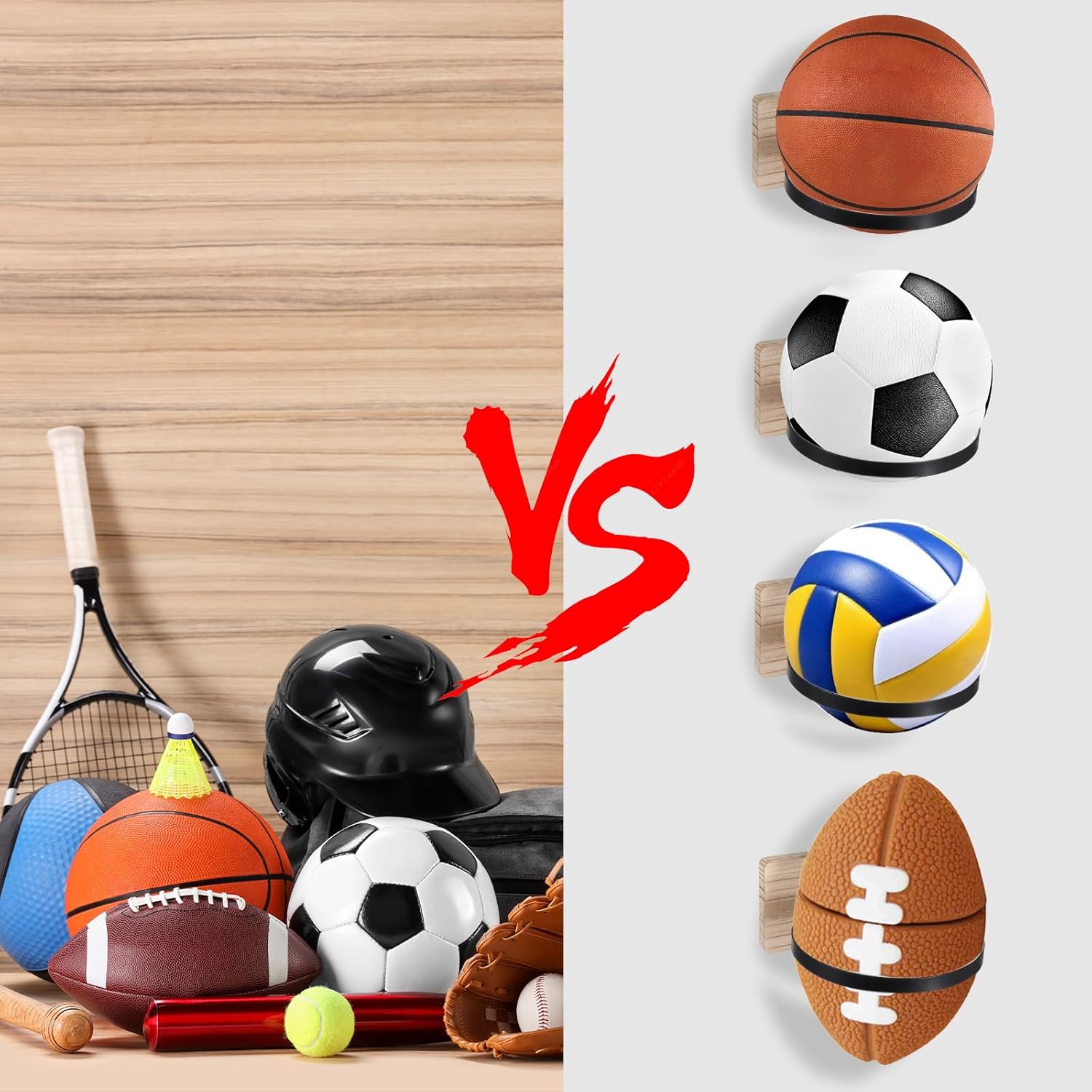 Skiennix Wall Mount Ball Holder - Wooden Base Sports Display Rack for Basketball, Football, Soccer, Volleyball