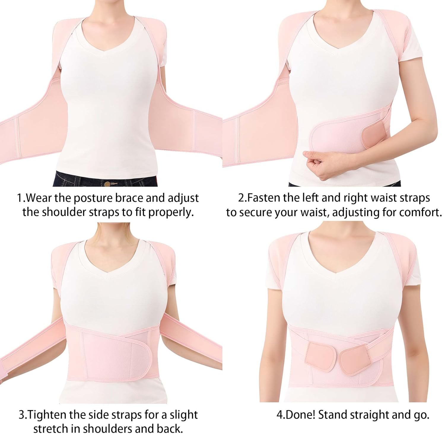 Skiennix Posture Corrector - Adjustable Full Back Support Brace for Men & Women | Hunchback Relief, Medium Pink
